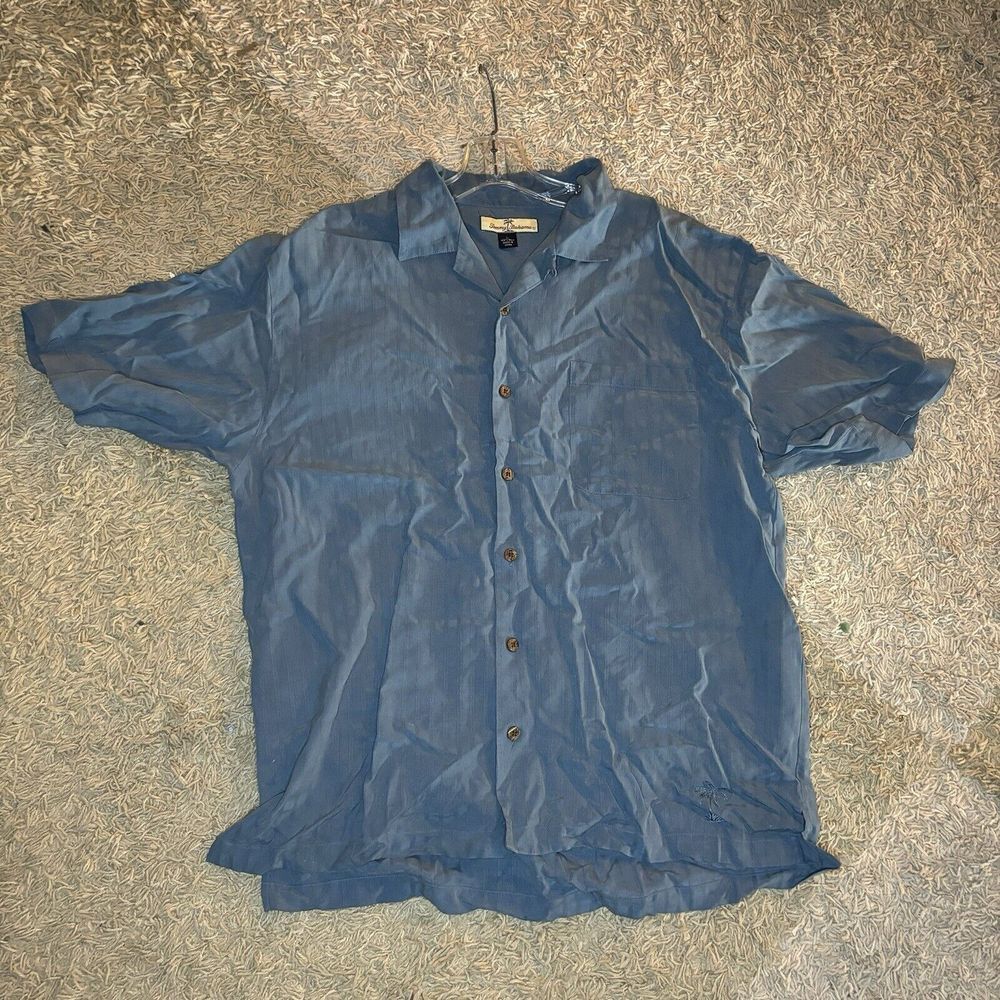 Tommy Bahama Short Sleeve Blue 100% Silk Button Shirt Size Large sz L